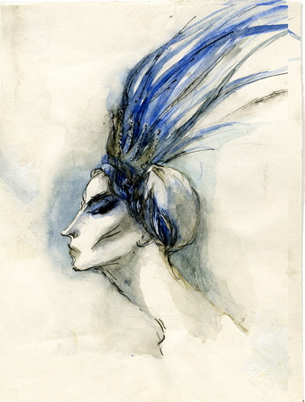 Alina Panova costume sketch for ballet "Blue Bird". Headpiece (profile). Watercolor, pen and ink on paper. Original Fine Art Print/Limited Edition signed by artist. : BALLET : Impressa Art-Film Opera Ballet Theatre Collectibles-Design Art Sketches| Addams Family memorabilia collectibles art - Nureyev Baryshnikov collectibles art sketches-Lila De Nobili-Pierl Luigi Serafini-Alina Panova 