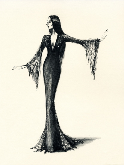 Morticia Addams. By Alina Panova. Sketch for Anjelica Huston in the movie "Addams Family Values". Pen, ink, and wash on paper. Original Fine Art Print/Limited Edition signed by artist. : FILM : Impressa Art-Film Opera Ballet Theatre Collectibles-Design Art Sketches| Addams Family memorabilia collectibles art - Nureyev Baryshnikov collectibles art sketches-Lila De Nobili-Pierl Luigi Serafini-Alina Panova 